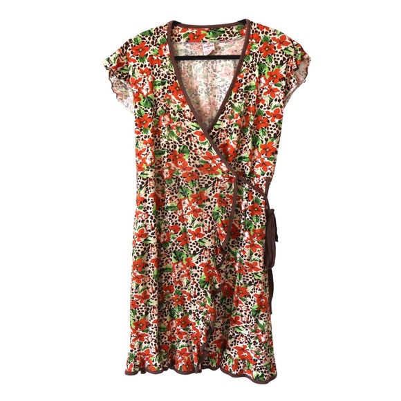 VANORA Dresses & Skirts - Vanora 3XL Wrap Dress Y2K Women Brown Floral Leopard Print Ruffle Sleeve V Neck